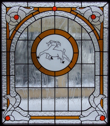 Dveřní vitráž v kombinaci s matovým sklem - restaurace U kozičky