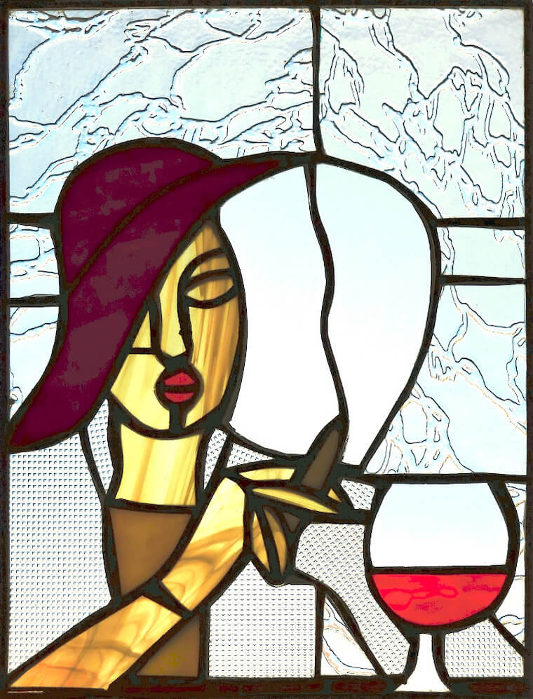 vitráž Žena v klobouku, 200x280 mm, 2400 Kč
